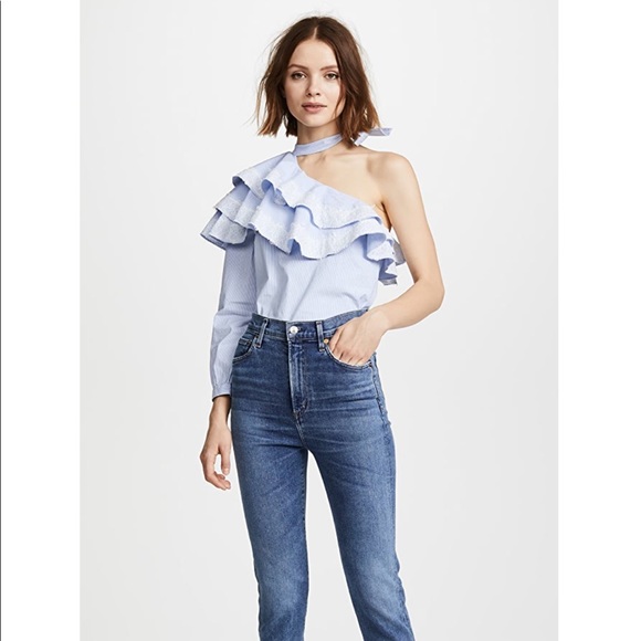 Veronica Beard One Shoulder Ruffle Top Blouse Sz 6 - Picture 11 of 16